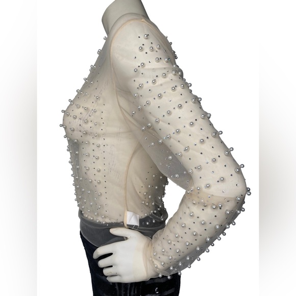 FASHION CLASSIC COLLECTION Nude Sheer Mesh See Through Pearl Diamond Crop Top, L - Picture 14 of 16